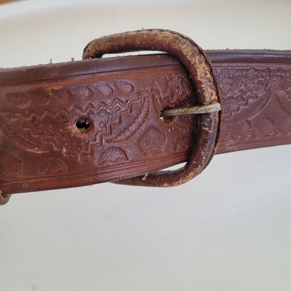 Mexican Men's Geniue Leather Casual Belt Size 40 100 Brown Aztec Braided Tooled - Picture 3 of 7